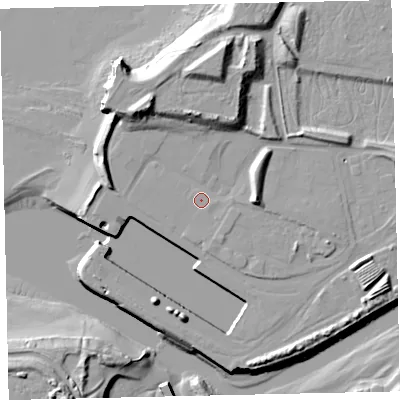 Shaded relief map of the ground around CA141BN, computed from Environment Agency LiDAR. The ground here sits at about 7 m above sea level and falls 22 m across the surrounding 800 m. Surface water reaching this point runs off ground lying to the south-east, 1.1 m higher.