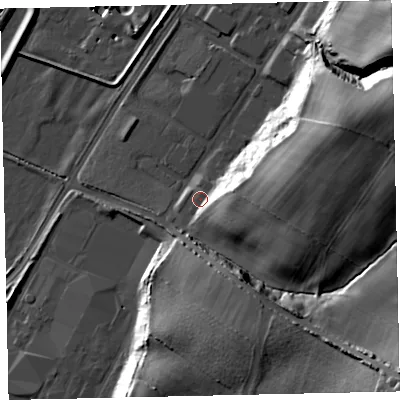 Shaded relief map of the ground around CA141BQ, computed from Environment Agency LiDAR. The ground here sits at about 10 m above sea level and falls 32 m across the surrounding 800 m. Surface water reaching this point runs off ground lying to the east, 17.8 m higher.