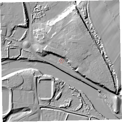 Shaded relief map of the ground around CA141BS, computed from Environment Agency LiDAR. The ground here sits at about 6 m above sea level and falls 25 m across the surrounding 800 m. Surface water reaching this point runs off ground lying to the east-north-east, 12.8 m higher.