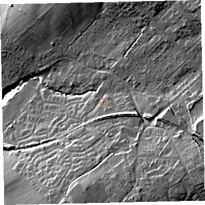 Shaded relief map of the ground around CA141JG, computed from Environment Agency LiDAR. The ground here sits at about 42 m above sea level and falls 32 m across the surrounding 800 m. Surface water reaching this point runs off ground lying to the south-south-east, 6.1 m higher.