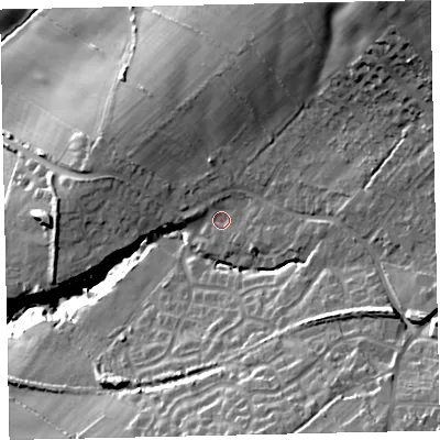 Shaded relief map of the ground around CA141JH, computed from Environment Agency LiDAR. The ground here sits at about 36 m above sea level and falls 43 m across the surrounding 800 m. Surface water reaching this point runs off ground lying to the north-east, 25.2 m higher.