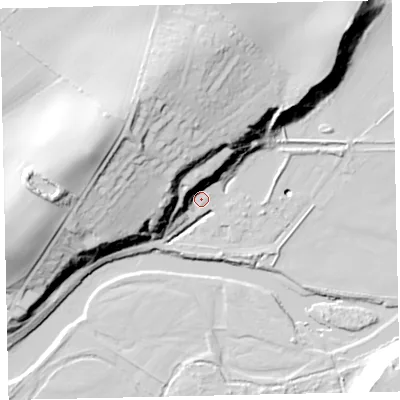 Shaded relief map of the ground around CA141JN, computed from Environment Agency LiDAR. The ground here sits at about 10 m above sea level and falls 45 m across the surrounding 800 m. Surface water reaching this point runs off ground lying to the north-north-west, 27.2 m higher.