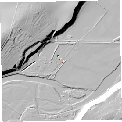 Shaded relief map of the ground around CA141JP, computed from Environment Agency LiDAR. The ground here sits at about 9 m above sea level and falls 44 m across the surrounding 800 m. Surface water reaching this point runs off ground lying to the east-north-east, 7.5 m higher.