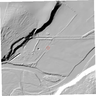 Shaded relief map of the ground around CA141JR, computed from Environment Agency LiDAR. The ground here sits at about 9 m above sea level and falls 43 m across the surrounding 800 m. Surface water reaching this point runs off ground lying to the east-north-east, 7.5 m higher.