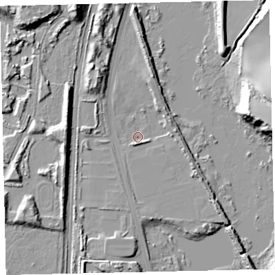 Shaded relief map of the ground around CA141JU, computed from Environment Agency LiDAR. The ground here sits at about 6 m above sea level and falls 22 m across the surrounding 800 m. Surface water reaching this point runs off ground lying to the east-south-east, 4.0 m higher.