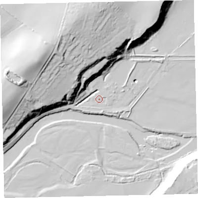 Shaded relief map of the ground around CA141JW, computed from Environment Agency LiDAR. The ground here sits at about 9 m above sea level and falls 45 m across the surrounding 800 m. Surface water reaching this point runs off ground lying to the east-north-east, 6.9 m higher.