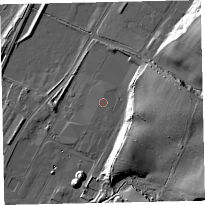Shaded relief map of the ground around CA141JX, computed from Environment Agency LiDAR. The ground here sits at about 8 m above sea level and falls 28 m across the surrounding 800 m. The ground contributing surface water to this point lies to the south-south-west.