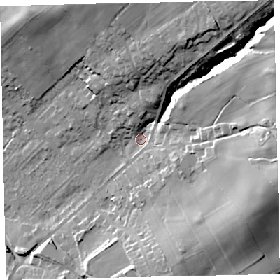 Shaded relief map of the ground around CA141LH, computed from Environment Agency LiDAR. The ground here sits at about 56 m above sea level and falls 40 m across the surrounding 800 m. Surface water reaching this point runs off ground lying to the north-east, 27.3 m higher.