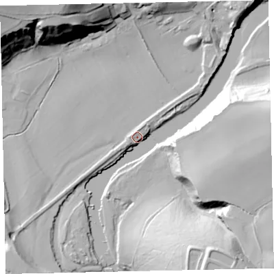 Shaded relief map of the ground around CA141LT, computed from Environment Agency LiDAR. The ground here sits at about 20 m above sea level and falls 47 m across the surrounding 800 m. Surface water reaching this point runs off ground lying to the east, 34.9 m higher.
