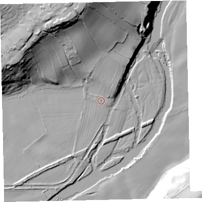 Shaded relief map of the ground around CA141LW, computed from Environment Agency LiDAR. The ground here sits at about 13 m above sea level and falls 48 m across the surrounding 800 m. Surface water reaching this point runs off ground lying to the north-north-east, 8.5 m higher.