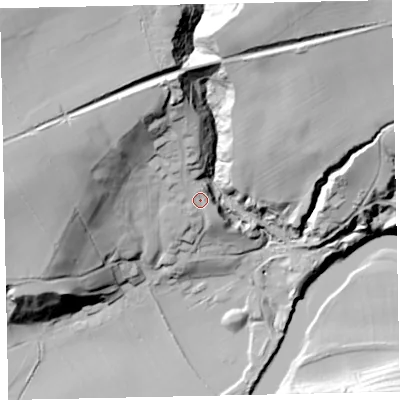 Shaded relief map of the ground around CA141NB, computed from Environment Agency LiDAR. The ground here sits at about 46 m above sea level and falls 71 m across the surrounding 800 m. Surface water reaching this point runs off ground lying to the north-north-west, 33.4 m higher.