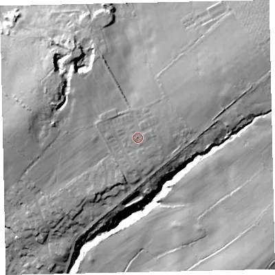 Shaded relief map of the ground around CA141NG, computed from Environment Agency LiDAR. The ground here sits at about 83 m above sea level and falls 36 m across the surrounding 800 m. Surface water reaching this point runs off ground lying to the east-north-east, 2.6 m higher.