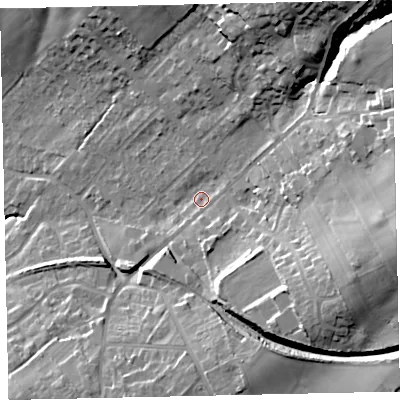 Shaded relief map of the ground around CA141NS, computed from Environment Agency LiDAR. The ground here sits at about 47 m above sea level and falls 35 m across the surrounding 800 m. Surface water reaching this point runs off ground lying to the east, 22.0 m higher.