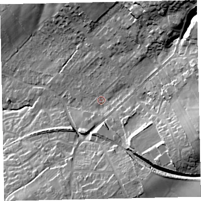 Shaded relief map of the ground around CA141PA, computed from Environment Agency LiDAR. The ground here sits at about 45 m above sea level and falls 35 m across the surrounding 800 m. Surface water reaching this point runs off ground lying to the north-east, 25.5 m higher.