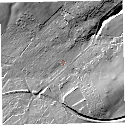 Shaded relief map of the ground around CA141QG, computed from Environment Agency LiDAR. The ground here sits at about 49 m above sea level and falls 39 m across the surrounding 800 m. Surface water reaching this point runs off ground lying to the north-east, 29.0 m higher.