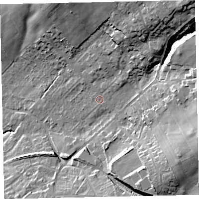 Shaded relief map of the ground around CA141QH, computed from Environment Agency LiDAR. The ground here sits at about 49 m above sea level and falls 43 m across the surrounding 800 m. Surface water reaching this point runs off ground lying to the north-east, 6.4 m higher.