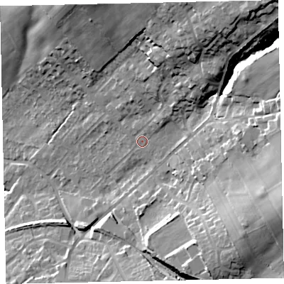 Shaded relief map of the ground around CA141QQ, computed from Environment Agency LiDAR. The ground here sits at about 50 m above sea level and falls 44 m across the surrounding 800 m. Surface water reaching this point runs off ground lying to the north-east, 5.9 m higher.