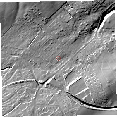 Shaded relief map of the ground around CA141QZ, computed from Environment Agency LiDAR. The ground here sits at about 47 m above sea level and falls 38 m across the surrounding 800 m. Surface water reaching this point runs off ground lying to the north-east, 27.7 m higher.