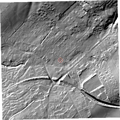 Shaded relief map of the ground around CA141RA, computed from Environment Agency LiDAR. The ground here sits at about 45 m above sea level and falls 37 m across the surrounding 800 m. Surface water reaching this point runs off ground lying to the north-east, 20.1 m higher.