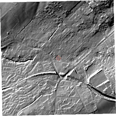 Shaded relief map of the ground around CA141RB, computed from Environment Agency LiDAR. The ground here sits at about 43 m above sea level and falls 36 m across the surrounding 800 m. Surface water reaching this point runs off ground lying to the north-east, 20.7 m higher.
