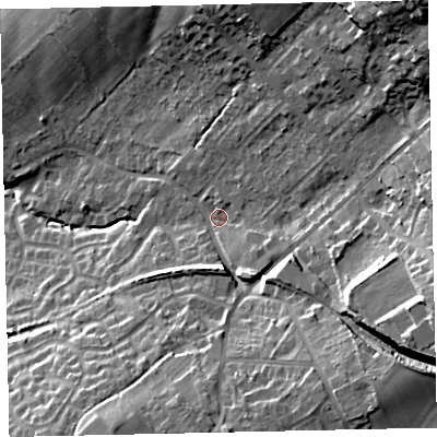 Shaded relief map of the ground around CA141RD, computed from Environment Agency LiDAR. The ground here sits at about 42 m above sea level and falls 37 m across the surrounding 800 m. Surface water reaching this point runs off ground lying to the east-south-east, 20.4 m higher.