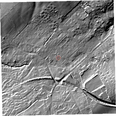 Shaded relief map of the ground around CA141RE, computed from Environment Agency LiDAR. The ground here sits at about 44 m above sea level and falls 39 m across the surrounding 800 m. Surface water reaching this point runs off ground lying to the east-north-east, 1.8 m higher.