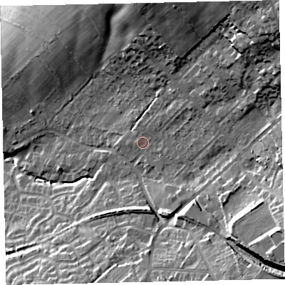 Shaded relief map of the ground around CA141RF, computed from Environment Agency LiDAR. The ground here sits at about 44 m above sea level and falls 40 m across the surrounding 800 m. Surface water reaching this point runs off ground lying to the north-east, 8.4 m higher.