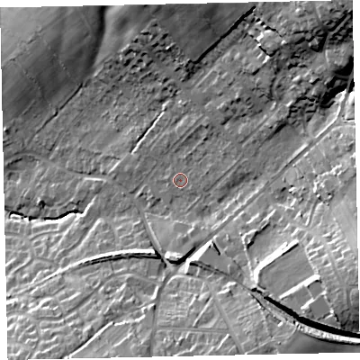 Shaded relief map of the ground around CA141RG, computed from Environment Agency LiDAR. The ground here sits at about 45 m above sea level and falls 40 m across the surrounding 800 m. Surface water reaching this point runs off ground lying to the north-east, 29.2 m higher.