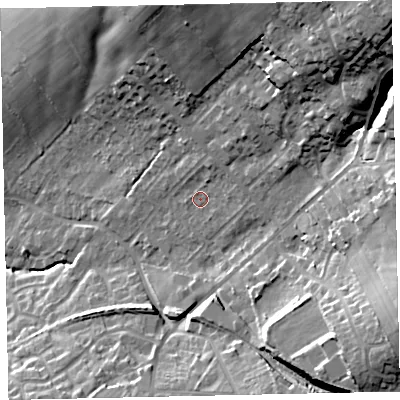 Shaded relief map of the ground around CA141RQ, computed from Environment Agency LiDAR. The ground here sits at about 46 m above sea level and falls 42 m across the surrounding 800 m. Surface water reaching this point runs off ground lying to the north-east, 30.7 m higher.