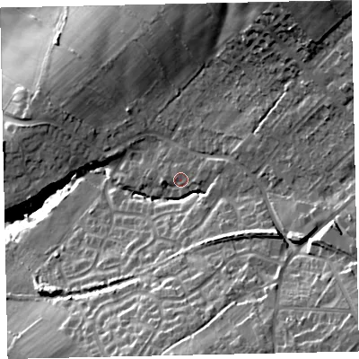 Shaded relief map of the ground around CA141RT, computed from Environment Agency LiDAR. The ground here sits at about 39 m above sea level and falls 35 m across the surrounding 800 m. Surface water reaching this point runs off ground lying to the east-north-east, 2.3 m higher.