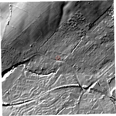 Shaded relief map of the ground around CA141RZ, computed from Environment Agency LiDAR. The ground here sits at about 40 m above sea level and falls 40 m across the surrounding 800 m. Surface water reaching this point runs off ground lying to the east-north-east, 7.6 m higher.