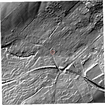 Shaded relief map of the ground around CA141SA, computed from Environment Agency LiDAR. The ground here sits at about 42 m above sea level and falls 37 m across the surrounding 800 m. Surface water reaching this point runs off ground lying to the east-south-east, 19.7 m higher.