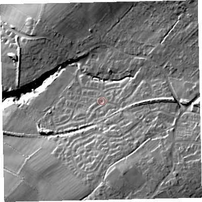 Shaded relief map of the ground around CA141SD, computed from Environment Agency LiDAR. The ground here sits at about 40 m above sea level and falls 36 m across the surrounding 800 m. Surface water reaching this point runs off ground lying to the south-south-east, 18.6 m higher.