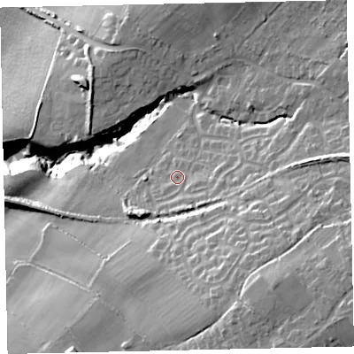 Shaded relief map of the ground around CA141SG, computed from Environment Agency LiDAR. The ground here sits at about 39 m above sea level and falls 39 m across the surrounding 800 m. Surface water reaching this point runs off ground lying to the east-south-east, 5.9 m higher.