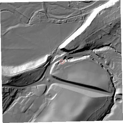 Shaded relief map of the ground around CA141SL, computed from Environment Agency LiDAR. The ground here sits at about 19 m above sea level and falls 47 m across the surrounding 800 m. Surface water reaching this point runs off ground lying to the south-south-east, 38.1 m higher.