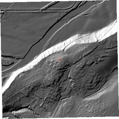 Shaded relief map of the ground around CA141SR, computed from Environment Agency LiDAR. The ground here sits at about 43 m above sea level and falls 48 m across the surrounding 800 m. The ground contributing surface water to this point lies to the south-south-east.