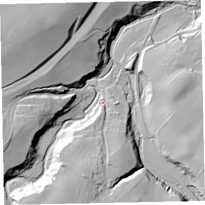 Shaded relief map of the ground around CA141SX, computed from Environment Agency LiDAR. The ground here sits at about 41 m above sea level and falls 53 m across the surrounding 800 m. Surface water reaching this point runs off ground lying to the south-south-west, 23.4 m higher.