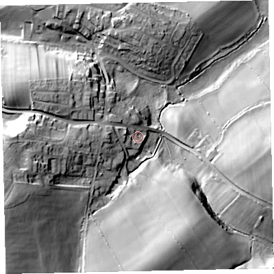 Shaded relief map of the ground around CA141TR, computed from Environment Agency LiDAR. The ground here sits at about 60 m above sea level and falls 41 m across the surrounding 800 m. Surface water reaching this point runs off ground lying to the west, 6.2 m higher.