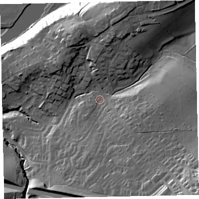 Shaded relief map of the ground around CA141XL, computed from Environment Agency LiDAR. The ground here sits at about 31 m above sea level and falls 56 m across the surrounding 800 m. Surface water reaching this point runs off ground lying to the north-east, 21.5 m higher.