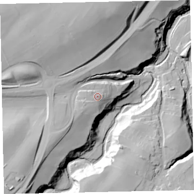 Shaded relief map of the ground around CA141XT, computed from Environment Agency LiDAR. The ground here sits at about 61 m above sea level and falls 50 m across the surrounding 800 m. Surface water reaching this point runs off ground lying to the west-south-west, 4.5 m higher.