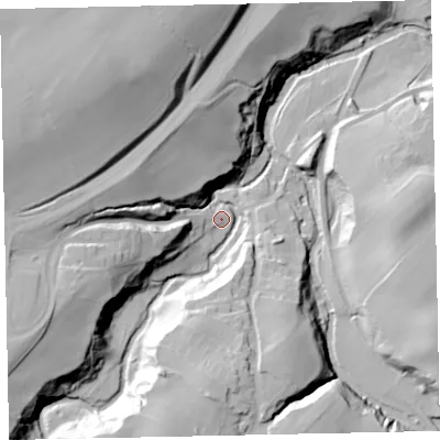 Shaded relief map of the ground around CA141XX, computed from Environment Agency LiDAR. The ground here sits at about 36 m above sea level and falls 52 m across the surrounding 800 m. Surface water reaching this point runs off ground lying to the west-south-west, 32.8 m higher.