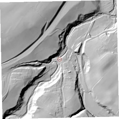 Shaded relief map of the ground around CA141XZ, computed from Environment Agency LiDAR. The ground here sits at about 35 m above sea level and falls 53 m across the surrounding 800 m. Surface water reaching this point runs off ground lying to the south-west, 34.9 m higher.