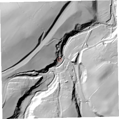Shaded relief map of the ground around CA141YA, computed from Environment Agency LiDAR. The ground here sits at about 36 m above sea level and falls 53 m across the surrounding 800 m. Surface water reaching this point runs off ground lying to the north-west, 28.6 m higher.