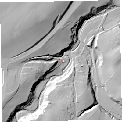 Shaded relief map of the ground around CA141YE, computed from Environment Agency LiDAR. The ground here sits at about 38 m above sea level and falls 51 m across the surrounding 800 m. Surface water reaching this point runs off ground lying to the west-south-west, 31.9 m higher.