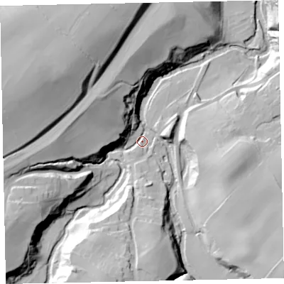 Shaded relief map of the ground around CA141YF, computed from Environment Agency LiDAR. The ground here sits at about 34 m above sea level and falls 53 m across the surrounding 800 m. Surface water reaching this point runs off ground lying to the west-south-west, 33.0 m higher.