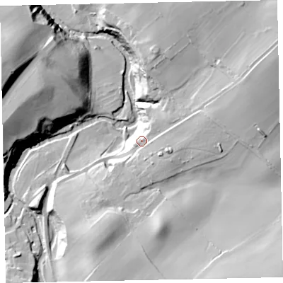 Shaded relief map of the ground around CA141YQ, computed from Environment Agency LiDAR. The ground here sits at about 43 m above sea level and falls 42 m across the surrounding 800 m. Surface water reaching this point runs off ground lying to the east-north-east, 20.4 m higher.
