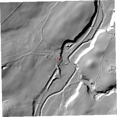 Shaded relief map of the ground around CA141YU, computed from Environment Agency LiDAR. The ground here sits at about 52 m above sea level and falls 34 m across the surrounding 800 m. Surface water reaching this point runs off ground lying to the west, 4.7 m higher.