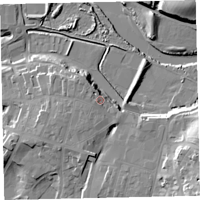 Shaded relief map of the ground around CA142DP, computed from Environment Agency LiDAR. The ground here sits at about 16 m above sea level and falls 29 m across the surrounding 800 m. Surface water reaching this point runs off ground lying to the west-south-west, 6.3 m higher.