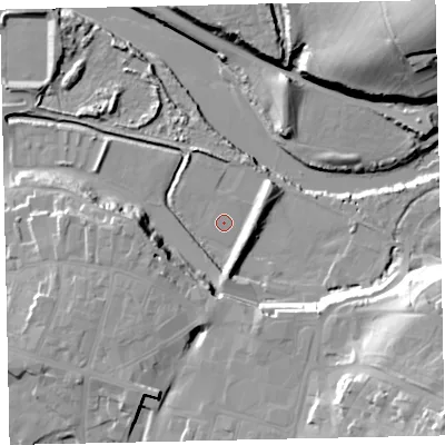 Shaded relief map of the ground around CA142DX, computed from Environment Agency LiDAR. The ground here sits at about 6 m above sea level and falls 35 m across the surrounding 800 m. The ground contributing surface water to this point lies to the west.