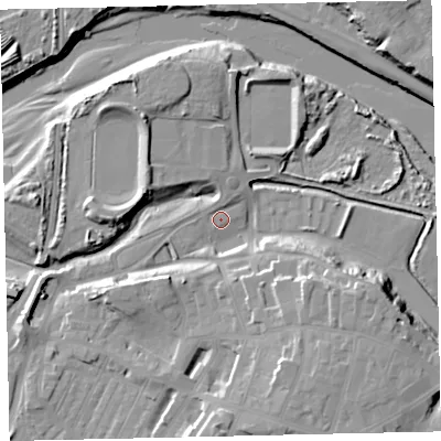 Shaded relief map of the ground around CA142FB, computed from Environment Agency LiDAR. The ground here sits at about 7 m above sea level and falls 20 m across the surrounding 800 m. Surface water reaching this point runs off ground lying to the east-south-east, 12.2 m higher.